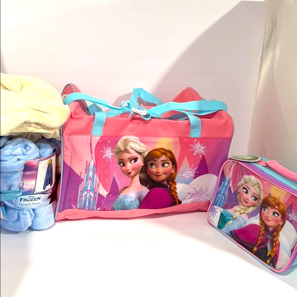 Frozen Pink and Blue Tote Bag, Lunch Bag, & Elsa Hooded Throw 30in x 50in